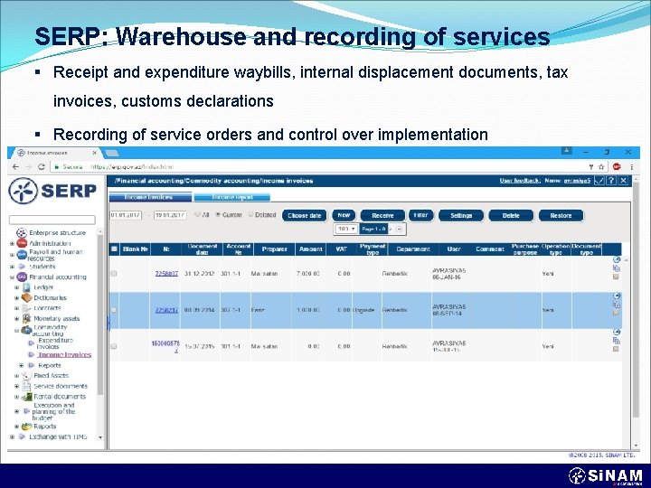 SERP: Warehouse and recording of services § Receipt and expenditure waybills, internal displacement documents,