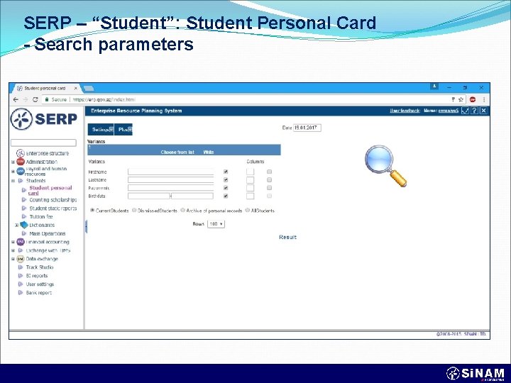 SERP – “Student”: Student Personal Card - Search parameters 