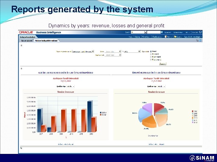 Reports generated by the system Dynamics by years: revenue, losses and general profit 