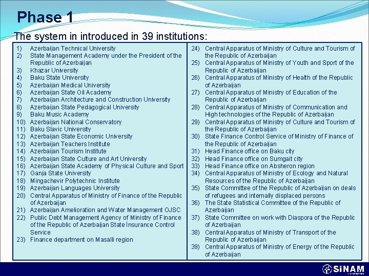 Phase 1 The system in introduced in 39 institutions: 1) 2) 3) 4) 5)