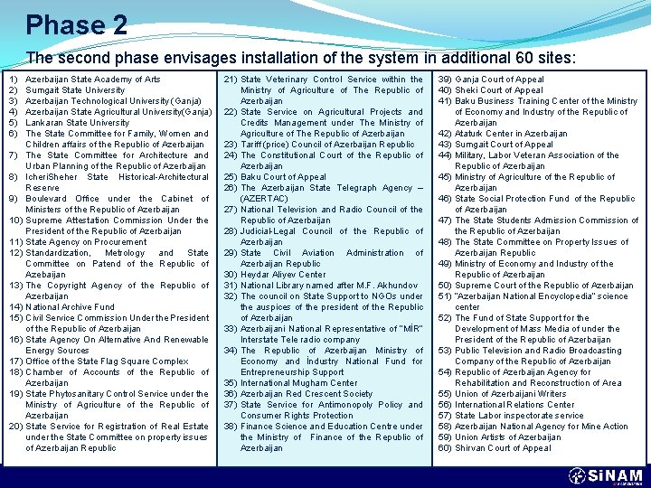 Phase 2 The second phase envisages installation of the system in additional 60 sites: