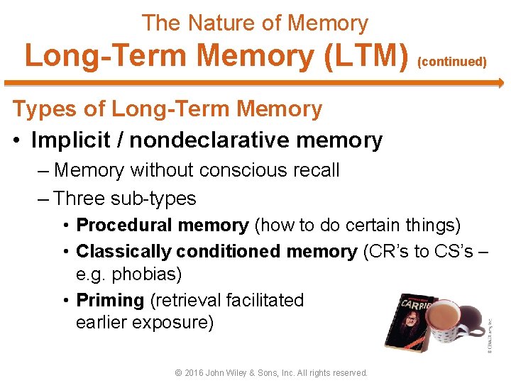 The Nature of Memory Long-Term Memory (LTM) (continued) Types of Long-Term Memory • Implicit