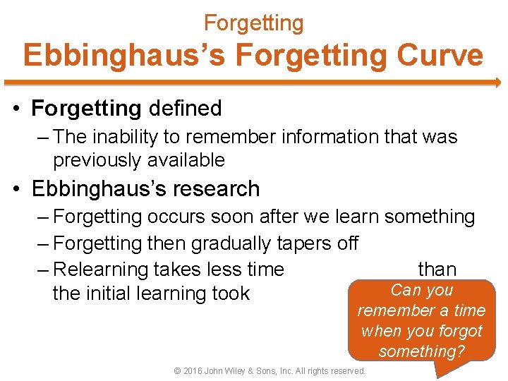 Forgetting Ebbinghaus’s Forgetting Curve • Forgetting defined – The inability to remember information that