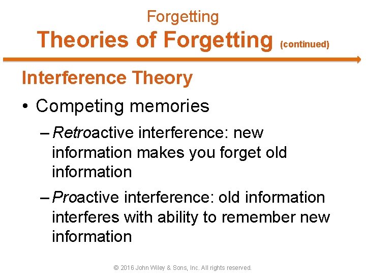 Forgetting Theories of Forgetting (continued) Interference Theory • Competing memories – Retroactive interference: new