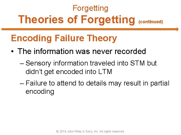 Forgetting Theories of Forgetting (continued) Encoding Failure Theory • The information was never recorded