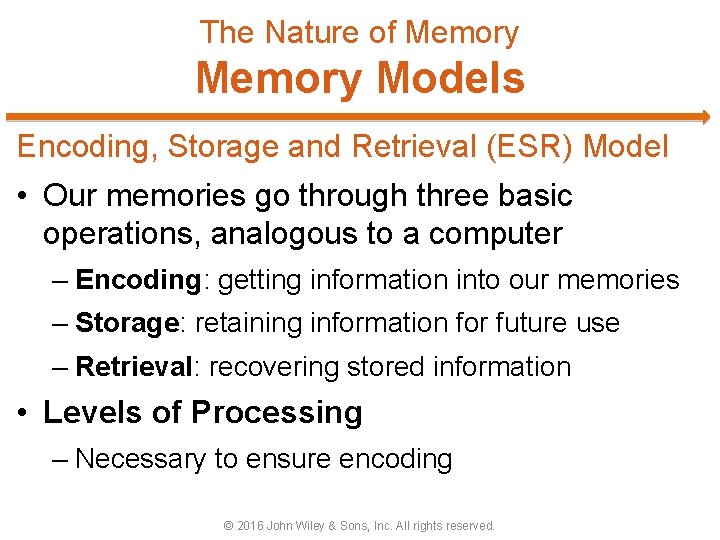 The Nature of Memory Models Encoding, Storage and Retrieval (ESR) Model • Our memories