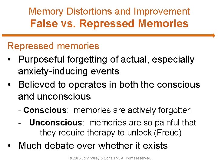 Memory Distortions and Improvement False vs. Repressed Memories Repressed memories • Purposeful forgetting of