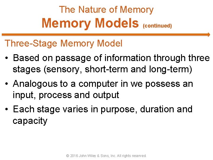 The Nature of Memory Models (continued) Three-Stage Memory Model • Based on passage of