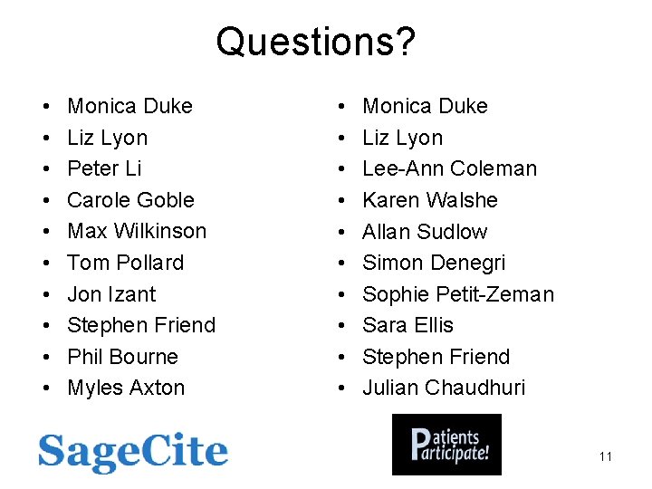 Questions? • • • Monica Duke Liz Lyon Peter Li Carole Goble Max Wilkinson