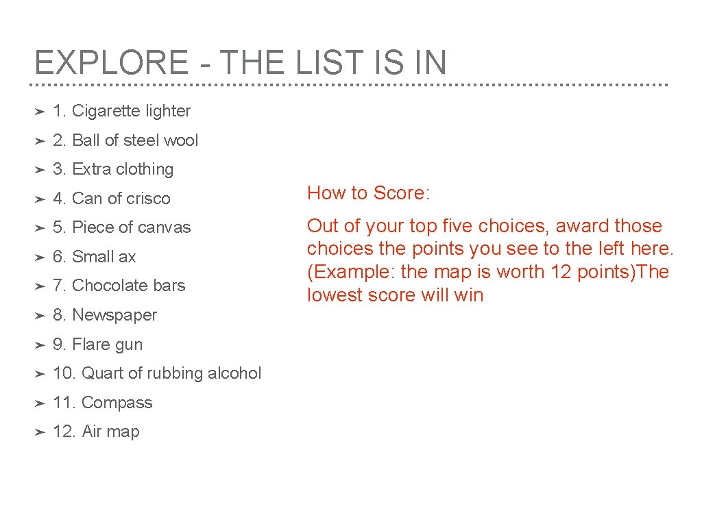 EXPLORE - THE LIST IS IN ➤ 1. Cigarette lighter ➤ 2. Ball of