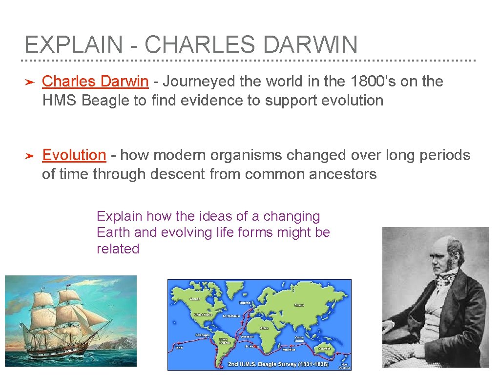 EXPLAIN - CHARLES DARWIN ➤ Charles Darwin - Journeyed the world in the 1800’s