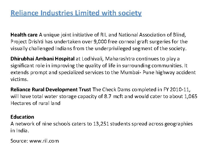 Reliance Industries Limited with society Health care A unique joint initiative of RIL and