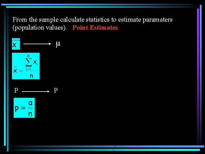 From the sample calculate statistics to estimate paramaters (population values). Point Estimates μ P