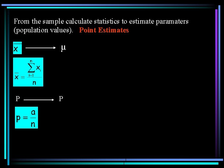 From the sample calculate statistics to estimate paramaters (population values). Point Estimates μ P