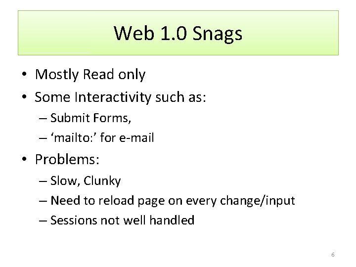 Web 1. 0 Snags • Mostly Read only • Some Interactivity such as: –