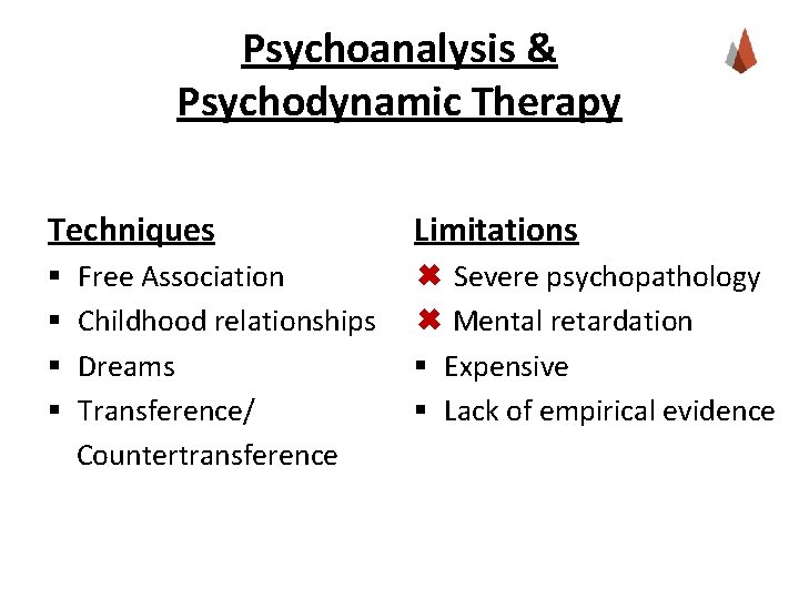 Psychoanalysis & Psychodynamic Therapy Techniques § § Free Association Childhood relationships Dreams Transference/ Countertransference