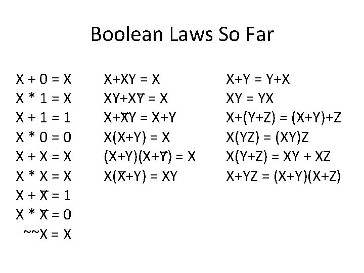 Boolean Laws So Far X + 0 = X X * 1 = X
