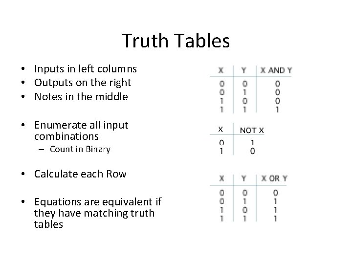 Truth Tables • Inputs in left columns • Outputs on the right • Notes