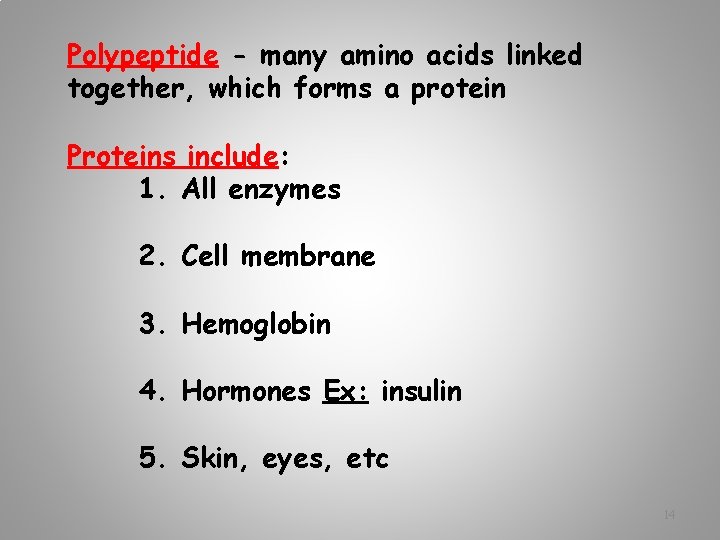 Polypeptide - many amino acids linked together, which forms a protein Proteins include: 1.