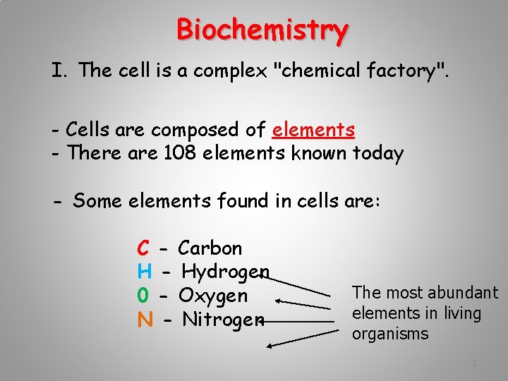 Biochemistry I. The cell is a complex "chemical factory". - Cells are composed of