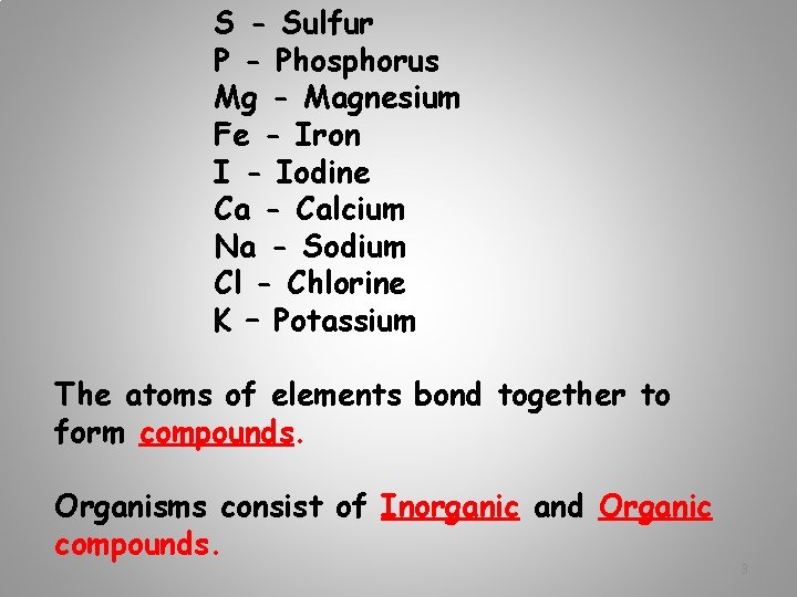 S - Sulfur P - Phosphorus Mg - Magnesium Fe - Iron I -