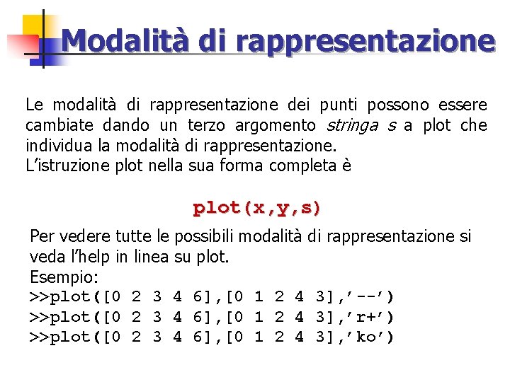 Modalità di rappresentazione Le modalità di rappresentazione dei punti possono essere cambiate dando un