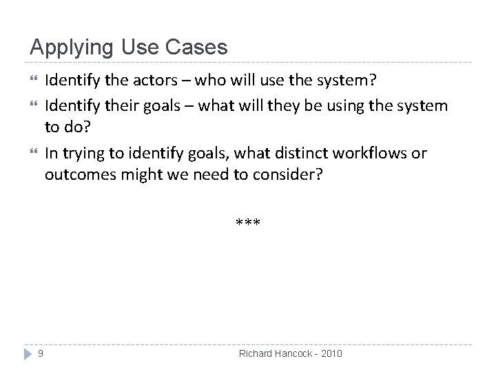 Applying Use Cases Identify the actors – who will use the system? Identify their