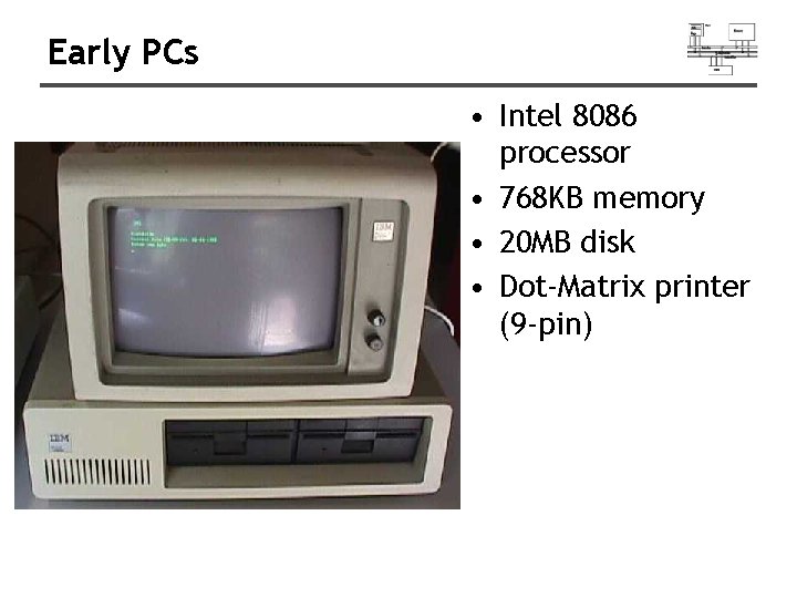 Early PCs • Intel 8086 processor • 768 KB memory • 20 MB disk
