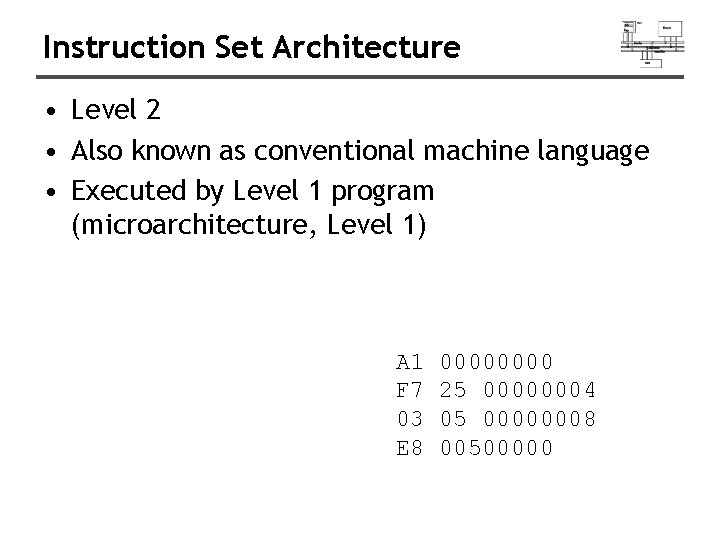 Instruction Set Architecture • Level 2 • Also known as conventional machine language •