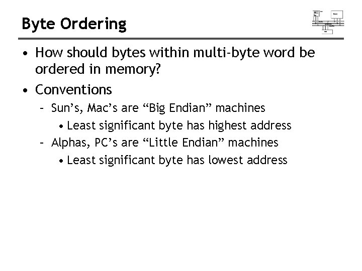 Byte Ordering • How should bytes within multi-byte word be ordered in memory? •