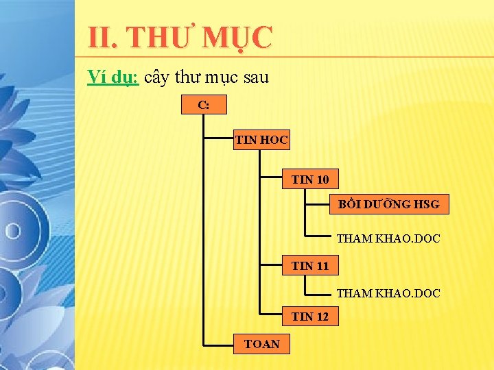 II. THƯ MỤC Ví dụ: cây thư mục sau C: TIN HOC TIN 10