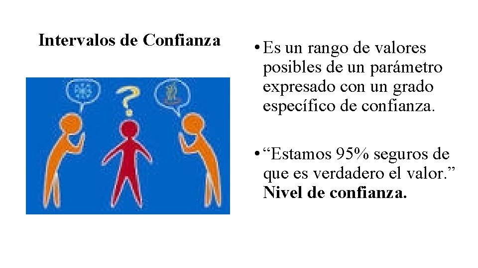 Intervalos de Confianza • Es un rango de valores posibles de un parámetro expresado