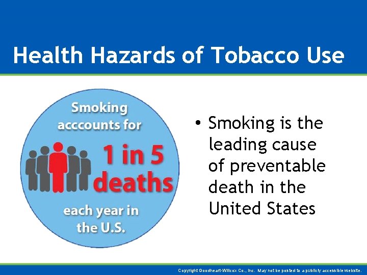 Health Hazards of Tobacco Use • Smoking is the leading cause of preventable death