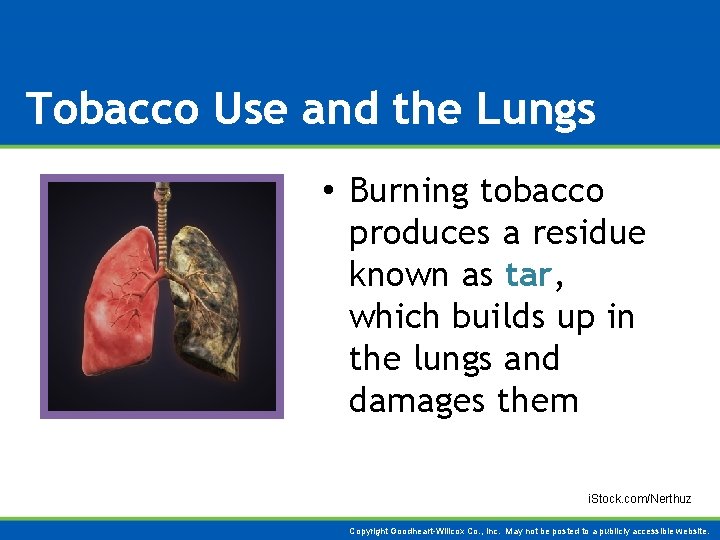 Tobacco Use and the Lungs • Burning tobacco produces a residue known as tar,