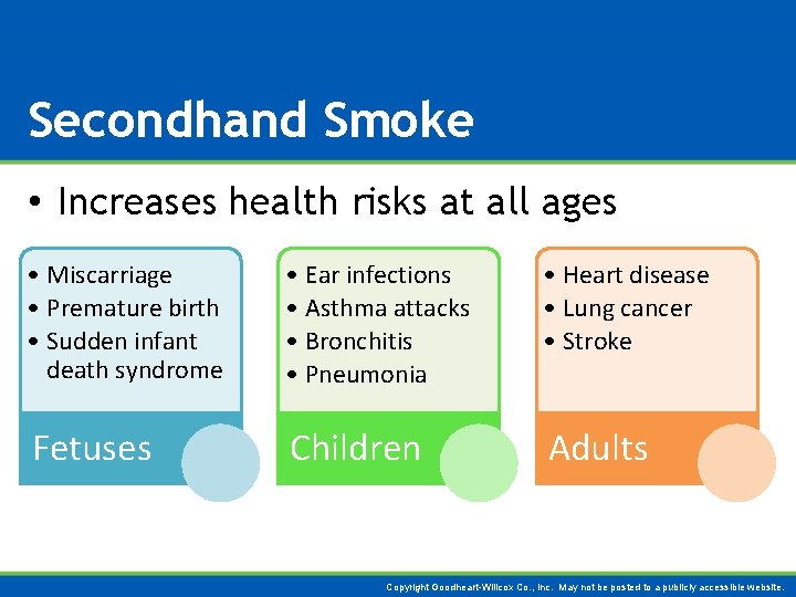 Secondhand Smoke • Increases health risks at all ages • Miscarriage • Premature birth