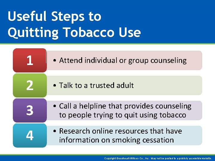 Useful Steps to Quitting Tobacco Use 1 • Attend individual or group counseling 2