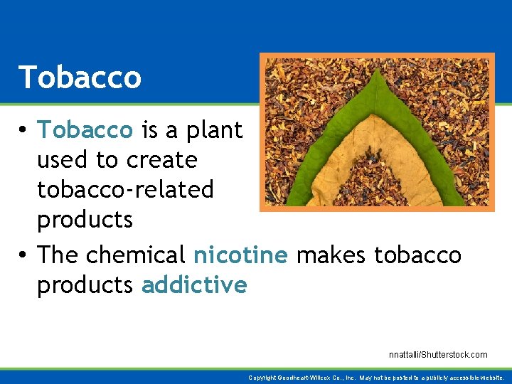 Tobacco • Tobacco is a plant used to create tobacco-related products • The chemical