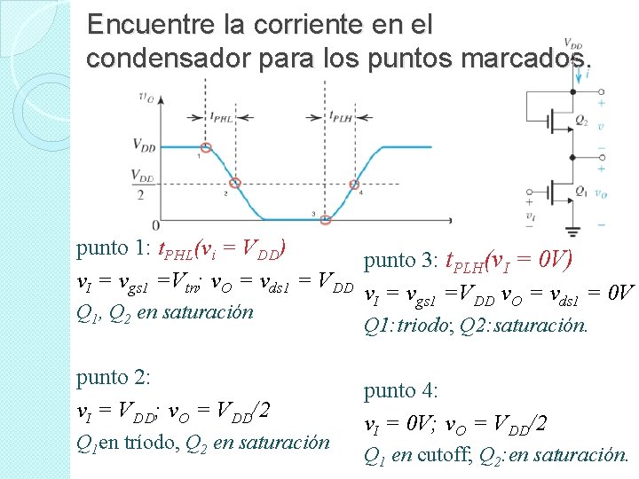 Encuentre la corriente en el condensador para los puntos marcados. punto 1: t. PHL(vi