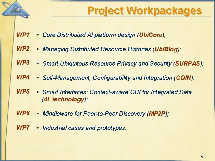 Project Workpackages WP 1 • Core Distributed AI platform design (Ubi. Core); WP 2