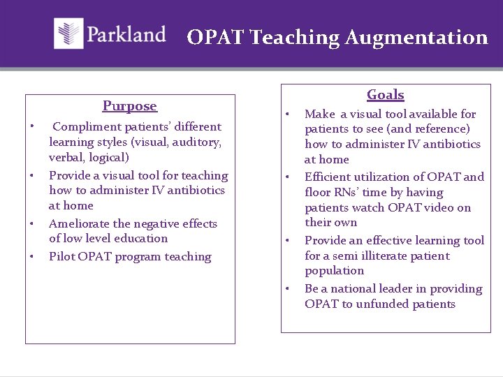 OPAT Teaching Augmentation Purpose • • Compliment patients’ different learning styles (visual, auditory, verbal,
