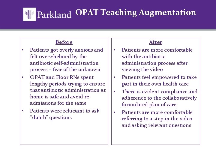 OPAT Teaching Augmentation • • • Before Patients got overly anxious and felt overwhelmed