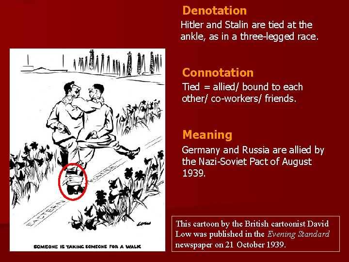 Denotation Hitler and Stalin are tied at the ankle, as in a three-legged race.