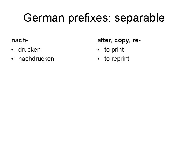 German prefixes: separable nach- after, copy, re- • drucken • nachdrucken • to print