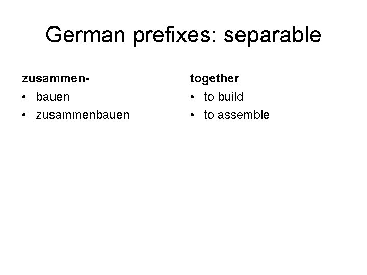 German prefixes: separable zusammen- together • bauen • zusammenbauen • to build • to