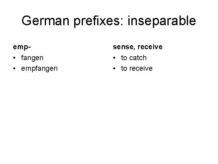 German prefixes: inseparable emp- sense, receive • fangen • empfangen • to catch •