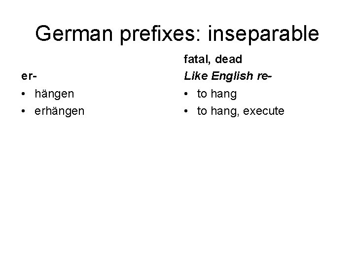 German prefixes: inseparable er- fatal, dead Like English re- • hängen • erhängen •