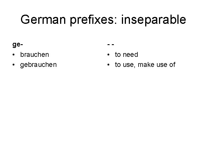 German prefixes: inseparable ge- -- • brauchen • gebrauchen • to need • to