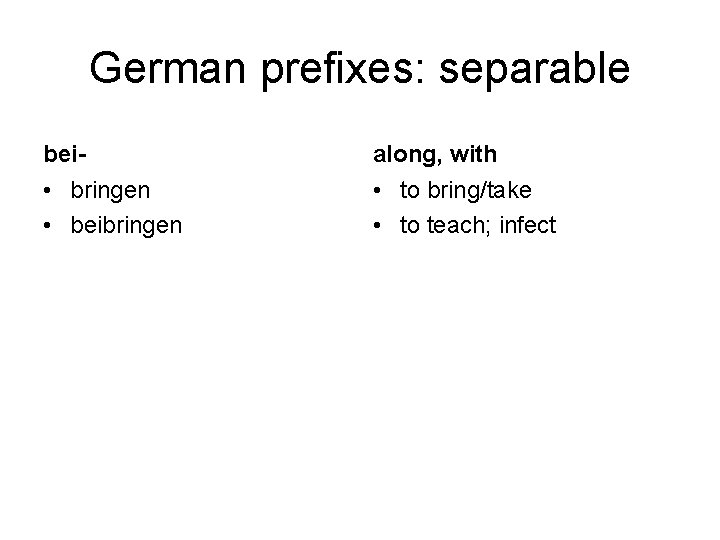 German prefixes: separable bei- along, with • bringen • beibringen • to bring/take •