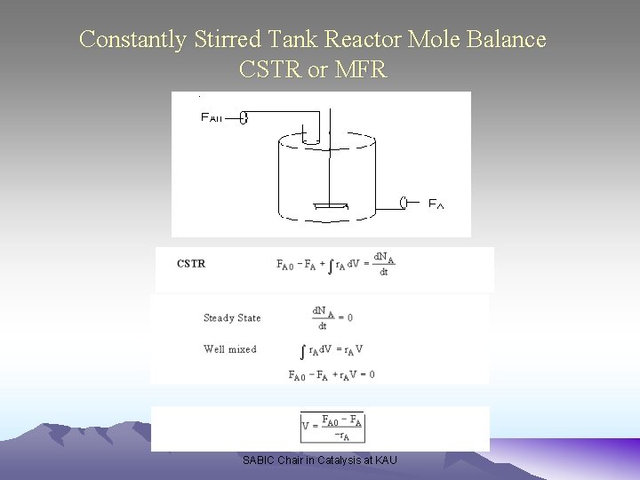 Constantly Stirred Tank Reactor Mole Balance CSTR or MFR SABIC Chair in Catalysis at