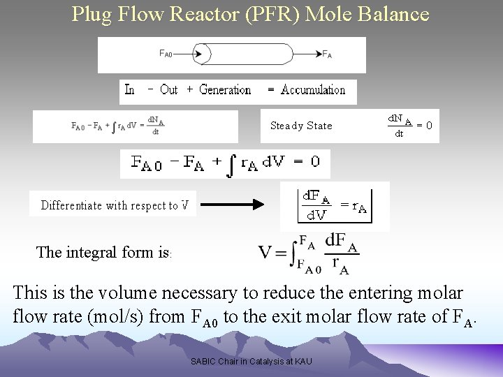 Plug Flow Reactor (PFR) Mole Balance The integral form is: This is the volume